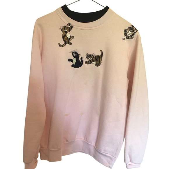 Top Stitch by Morning Sun Tops - Top Stitch Sweater Womens Medium Pink Kitten Embroidered Pull Over Vintage